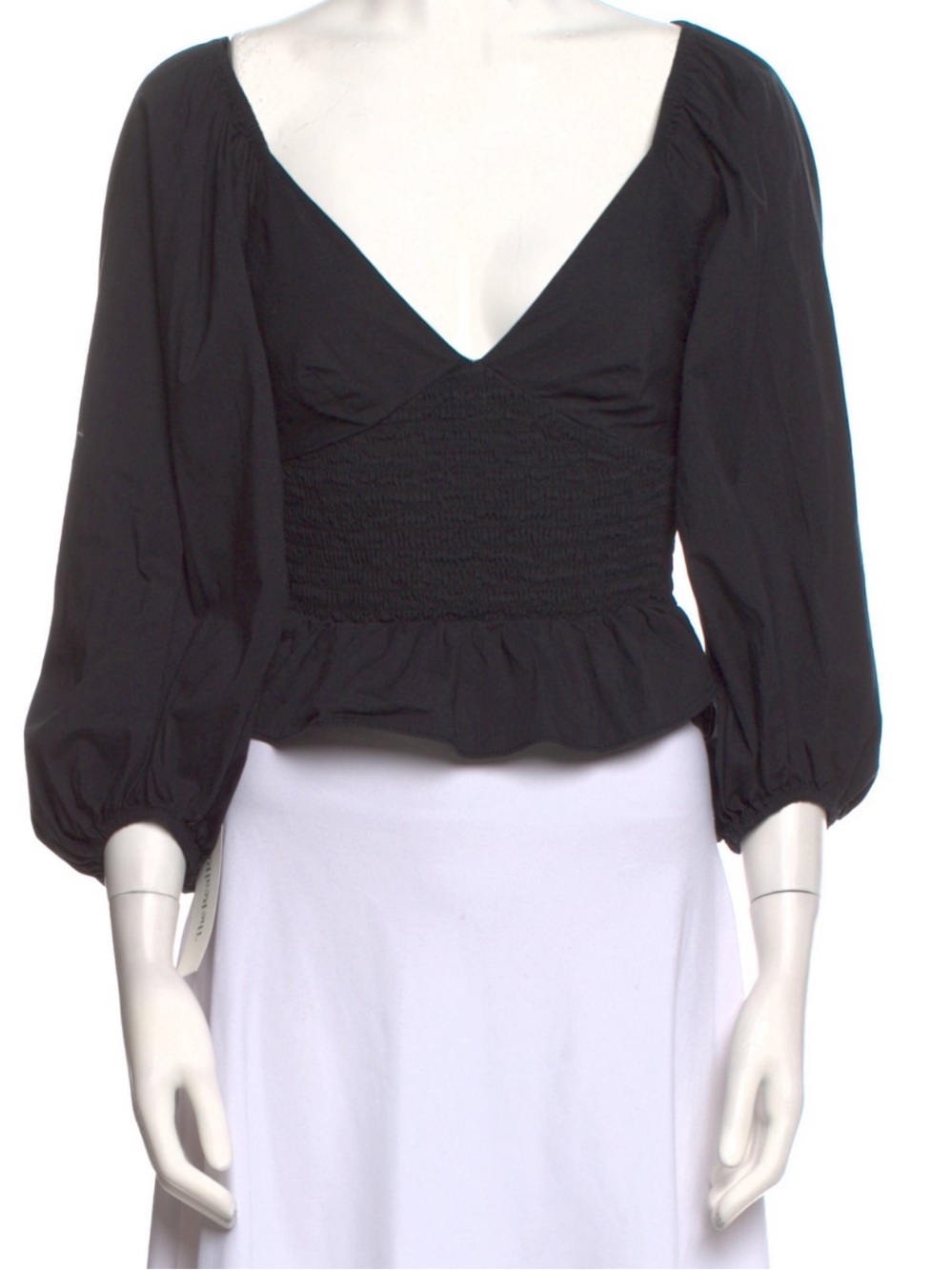 STAUD Black Smocked V-Neck Peplum Blouse